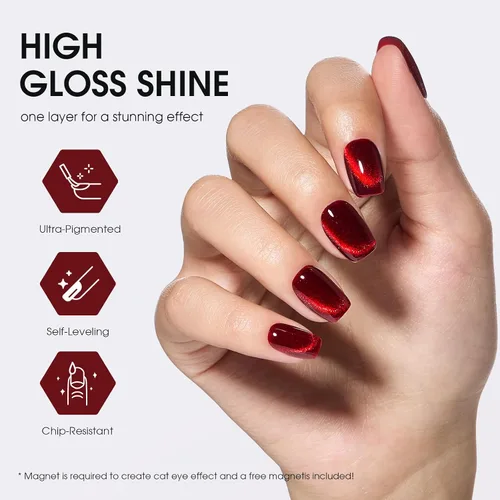 Miniatura 3 de Esmalte de uñas de gel magnético Cat Eye (rojo + verde tesoro), 0.34 onzas líquidas (paquete de 1)