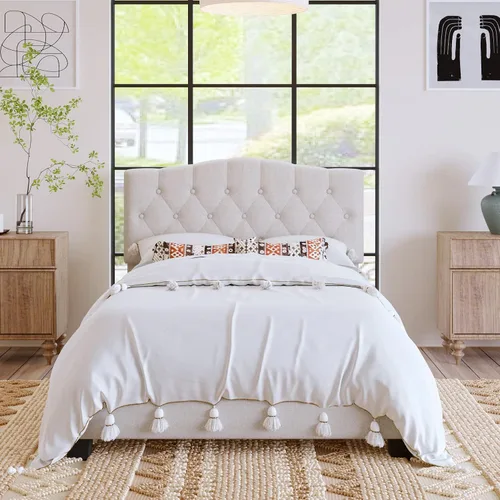 Miniatura 11 de DSHADE Base de cama Queen con plataforma tapizada de lino moderno, base de cama de madera maciza beige con cabecero, detalles capitoné de diamante