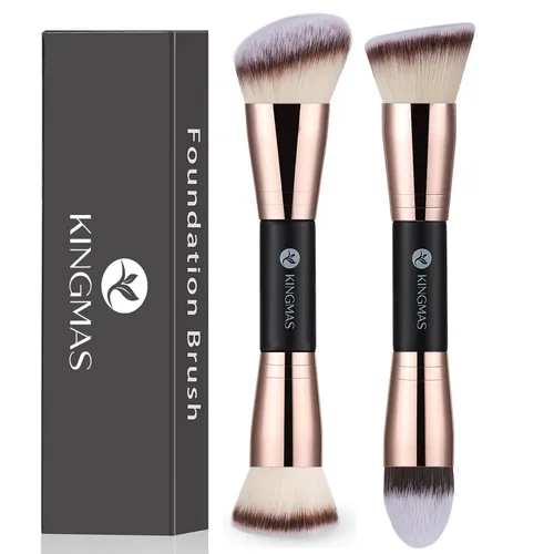 Miniatura 8 de KINGMAS Brocha para base, brocha de maquillaje bronceador premium, pinceles de contorno de doble extremo, parte superior redonda plana y en ángulo