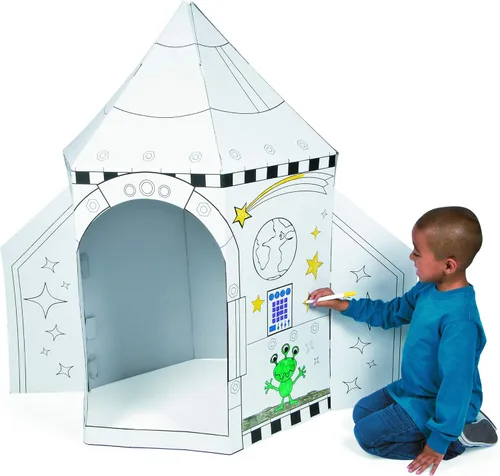 Miniatura 6 de Fun Express Juguete de barco cohete de cartón para niños, color de 5 pies, tu propia nave espacial para jugar en interiores Casa de cartón blanco