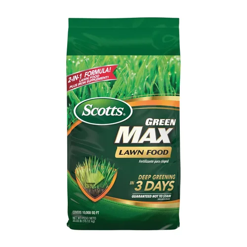 Scotts Green Max Lawn Food, fertilizante para césped y suplemento de hierro para césped más verde, 10,000 pies cuadrados, 33.33 libras.