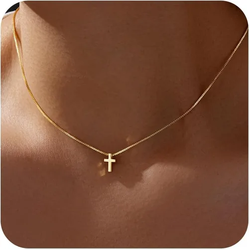 Miniatura 22 de Collar de cruz para mujeres y niñas, delicado chapado en oro de 14 quilates, gargantilla con dije de cruz que no se deslustra, impermeable, moderno