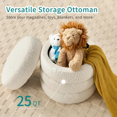 Miniatura 3 de Busaurus Otomana redonda con almacenamiento para sala de estar, taburete pequeño con forma de ramo, moderno tapizado, reposapiés otomano
