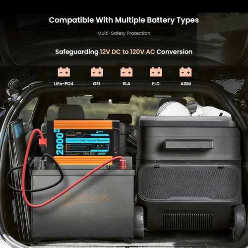 Miniatura 12 de Ampeak Inversor de onda sinusoidal pura [2000 vatios] – sobretensión de 6000 W, convertidor de 12 V CC a 110 V CA inversor de corriente alterna