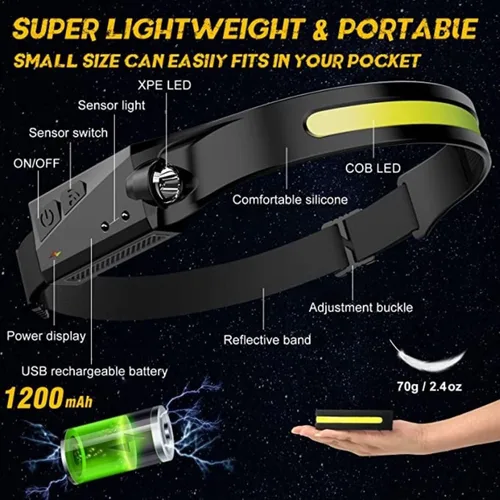Miniatura 3 de Linterna frontal LED recargable, 230 luces anchas, 5 modos de luz dinámica, sensor de movimiento, impermeable, diadema ajustable, 1200 lúmenes