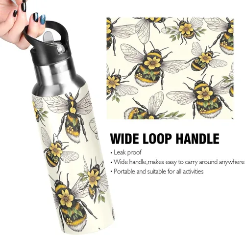 Miniatura 4 de Insulated Stainless Steel Water Bottle with Straw 20 Oz, Leakproof Water Bottles for Gym Outdoor Travel School, Yellow Flowers Leaves Wings