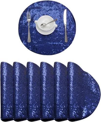 Miniatura 14 de Juego de 4 manteles individuales de lentejuelas color azul marino, manteles redondos de 15 pulgadas resistentes al calor para comedor, fiestas