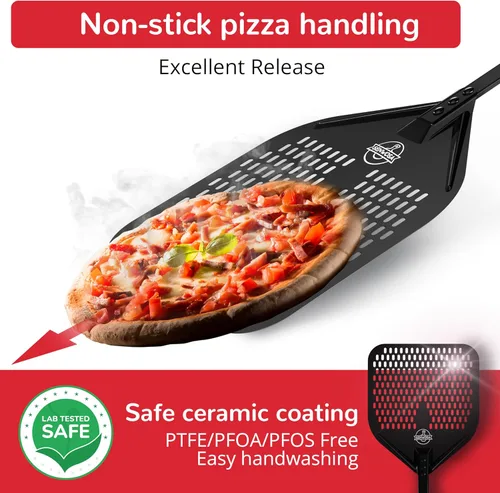 Miniatura 2 de Senwosa Pela de pizza antiadherente de 12 pulgadas, excelente deslizamiento y fácil limpieza, base de metal perforada con revestimiento cerámico