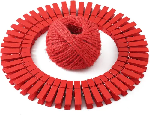 Miniatura 10 de HSTECH 100 piezas de mini pinzas de madera natural verde y 25 m de cuerda de yute, pinzas para ropa de bebé, pinzas de 3.5 cm para manualidades
