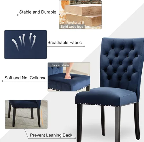 Miniatura 3 de Juego de 4 sillas de comedor de cocina de terciopelo, silla de comedor tapizada Parsons, silla decorativa de madera con ribete clavado, azul