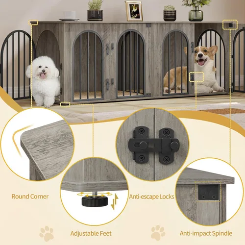 Miniatura 7 de Hzuaneri Mueble jaula para perros de 63" para 2 perros, soporte de TV para perrera de interior resistente, jaula de madera L con divisor para perros