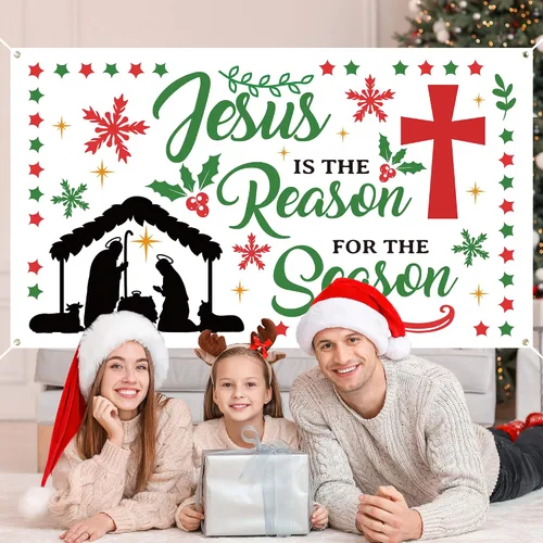 Miniatura 5 de WATINC Cartel de fondo de Navidad con texto en inglés «Jesús es la razón de la temporada», cruz de natividad, Navidad, vacaciones de invierno