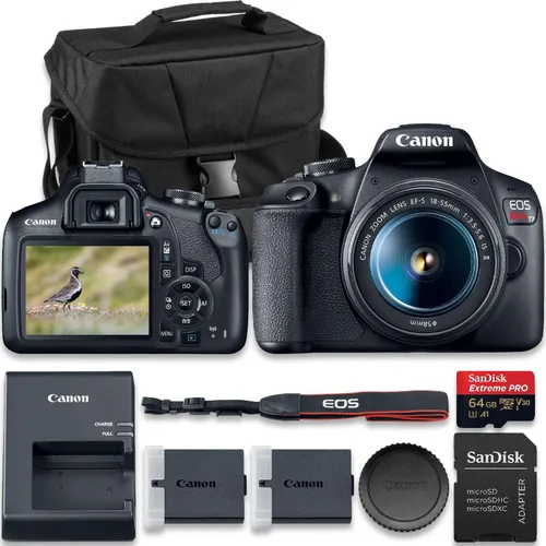 Canon Cámara DSLR EOS Rebel T7 con lente EF-S 0.709-2.165 in f/3.5-5.6 is II + batería extra LP-E10 + SanDisk Extreme Pro 64 GB + funda para cámara