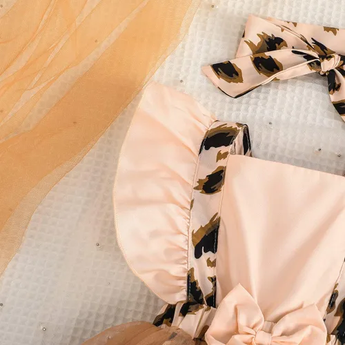 Miniatura 5 de Conjunto de 2 piezas de vestido de malla con estampado de leopardo, manga con volantes, falda con lazo y diadema, para niñas pequeñas