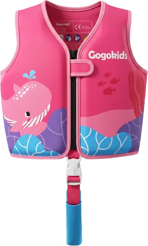 Miniatura 15 de Gogokids Chaleco de natación para niños de 1-2-3-5-7-9 años, chaqueta de natación de neopreno para niños con correa de seguridad ajustable y Azul