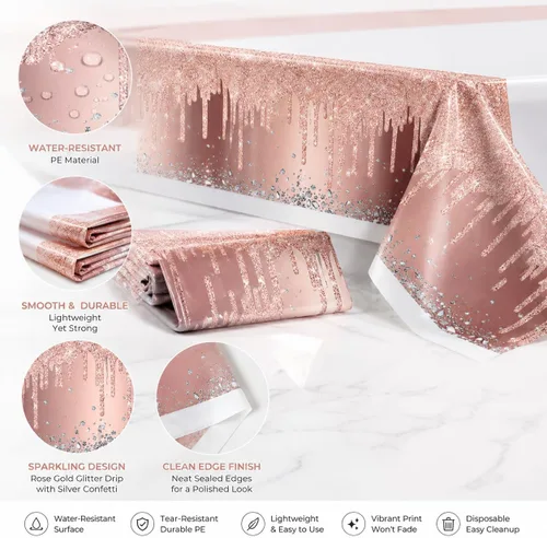 Miniatura 3 de 3 manteles desechables de polietileno de 71 x 42 pulgadas con diamantes, color oro rosa, para cumpleaños, bodas, baby shower, aniversario, fiesta