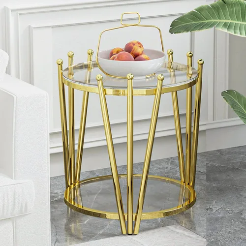 Mesa auxiliar redonda de vidrio dorado de 19.7 pulgadas para sala de estar, diseño moderno de corona de lujo, patas de acero inoxidable con diseño