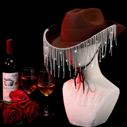 Miniatura 6 de Sombrero de vaquera con flecos de diamantes de imitación, sombrero de vaquero de diamantes con borla brillante alfabeto y número para disfraz