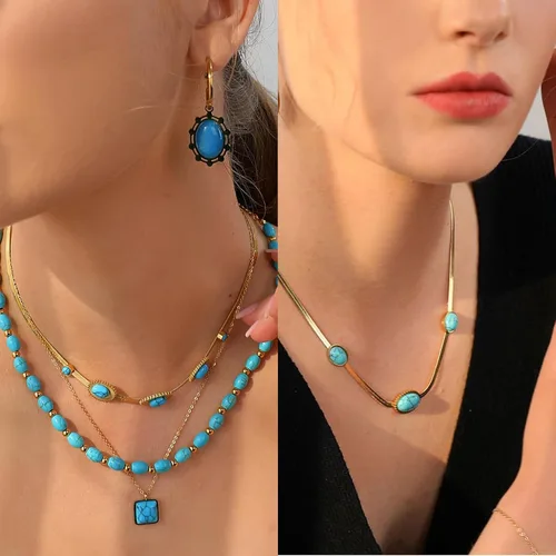 Miniatura 4 de Fannifen - Collares para mujer, cadena de espiga turquesa chapada en oro de 18 quilates, colgante ajustable para mujer, collar para niñas