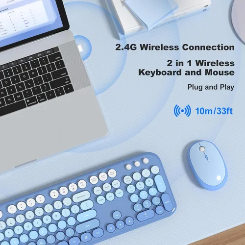 Miniatura 63 de KNOWSQT Combo de teclado y ratón inalámbrico, teclados lindos de tamaño completo estilo máquina de escribir 2.4G azul colorido - receptor USB Plug