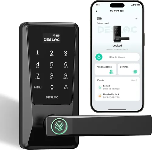 DESLOC Cerradura inteligente D120L con asa, cerradura de teclado WiFi integrada para puerta interior, entrada sin llave 0.5S con mango de huellas