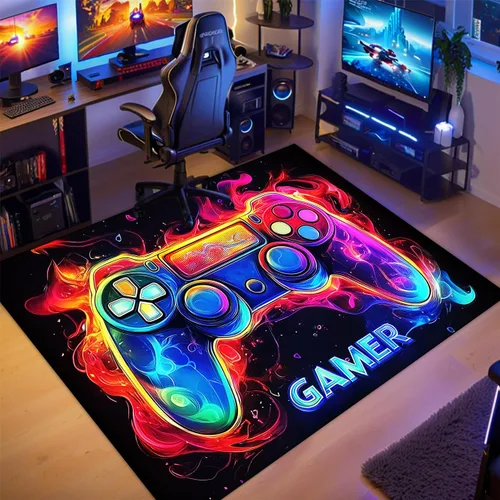 Miniatura 7 de Alfombra de juegos para habitación de niños - Alfombra de área amarilla temática de juegos para dormitorio de niños, decoración de habitación