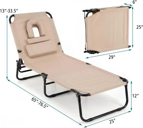 Miniatura 3 de GYMAX Sillón de playa, silla para tomar el sol, silla plegable ajustable reclinable con agujero para cara (1, arena)