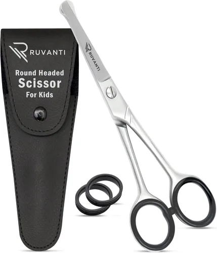 Ruvanti Tijeras de corte de pelo para niños de 5.2 pulgadas, tijeras de peluquería de punta redondeada de seguridad para niños, bebés y recorte de