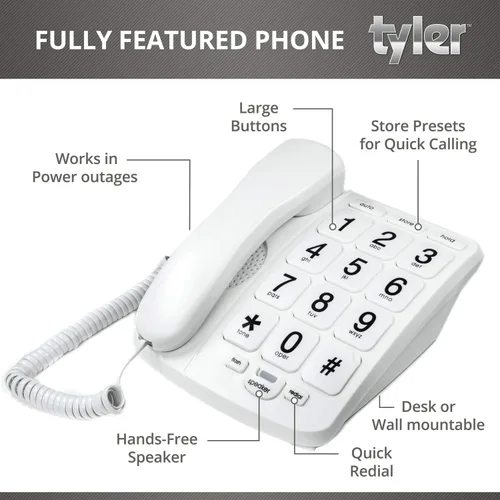 Miniatura 3 de Tyler TBBP-4-WH Teléfono para personas mayores - Teléfono fijo de botón grande para ancianos con altavoz, marcación rápida, control de volumen