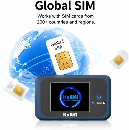 Miniatura 8 de KuWFi Hotspot WiFi portátil para exteriores, enrutador WiFi 4G LTE Cat7 con tarjeta SIM de datos de 2 GB (requiere itinerancia), batería de 3000