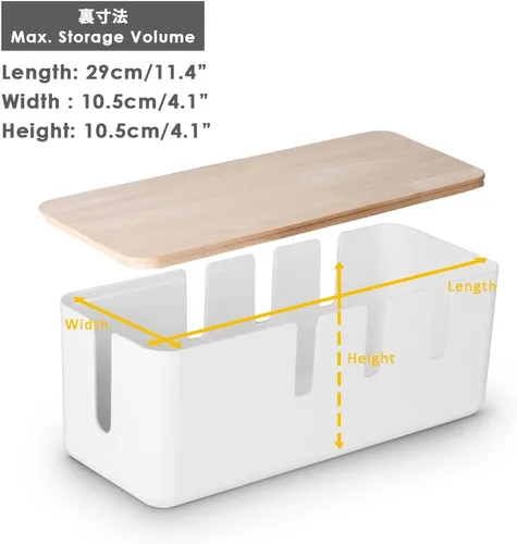 Miniatura 2 de Caja de organización de cables, 12 x 5 x 4.5 pulgadas, tapa de madera, organizador de cables para escritorio, TV, computadora, sistema