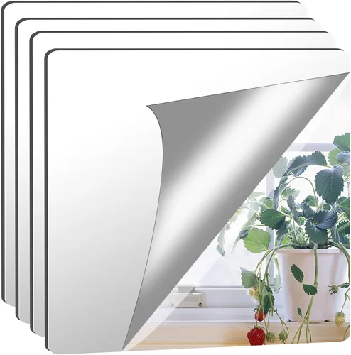 JUNEBRUSHS Paquete de 4 Espejos Acrílicos Autoadhesivos, Azulejos de Espejo de 12X 12 Pulgadas, Láminas de Espejos de Plástico Flexibles Adhesivas a