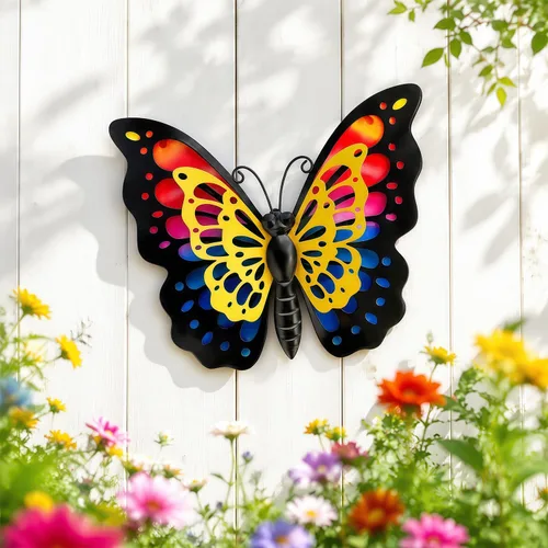 Miniatura 6 de HONGLAND Decoración de pared de mariposa de metal, escultura de arte para interiores y exteriores, decoración de cristal colgante azul