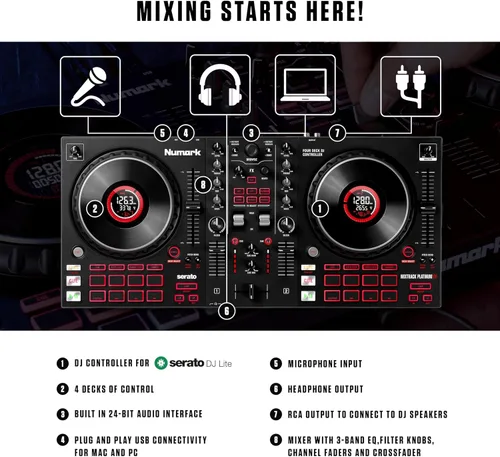 Miniatura 2 de Numark Mixtrack Platinum FX Controlador para DJ, para Serato DJ, con control de 4 cubiertas, mezclador, interfaz de audio incorporada, rueda