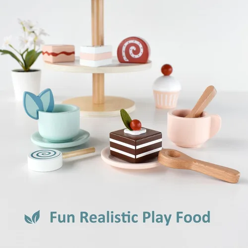 Miniatura 6 de PairPear Juego de Fiesta de Té con Soporte para Postres - Juguetes de Madera de Comida de Juego de Simulación y Accesorios de Cocina para Juego