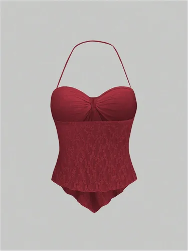 Miniatura 2 de SHENHE Top halter de encaje para mujer, nudo frontal, espalda descubierta, asimétrica, Y2k, coqueta, sin espalda, para salir