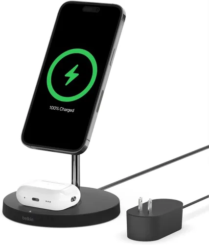 Miniatura 7 de Belkin MagSafe - Soporte de carga inalámbrica 2 en 1 para Apple iPhone 15, iPhone 14, iPhone 13, iPhone 12 y AirPods, estación de carga rápida Blanco