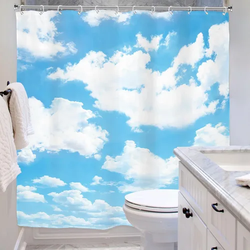 Miniatura 4 de Riyidecor Cortina de ducha con diseño de nube blanca y cielo azul, paisaje natural, tela impermeable de 72 x 72 pulgadas, decoración de bañera
