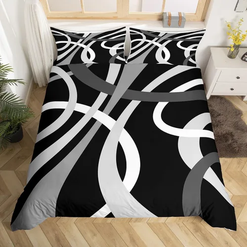 Miniatura 18 de Feelyou Juego de funda de edredón geométrica de color rojo, negro y gris, juego de ropa de cama retro con remolinos circulares a rayas circulares