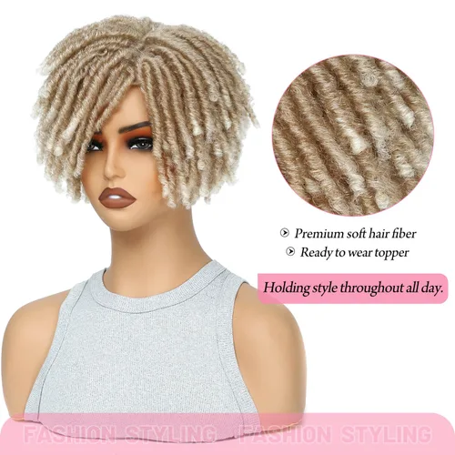 Miniatura 4 de Ms Taj Peluca de pelo corto con rastas de 7 pulgadas para mujer, cabello sintético rubio, pelucas rubias, extensiones de pelo corto para mujeres