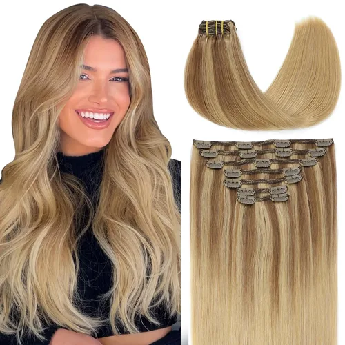 Miniatura 26 de VINBAO Extensiones de cabello humano con clip, balayage, color marrón ceniza a rubio caramelo, 14 pulgadas, 6 unidades, 3.53 onzas, 6