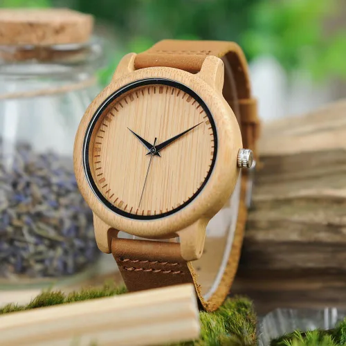 Miniatura 18 de BOBO BIRD Reloj de madera de bambú para hombre y mujer con correa de cuero de vaca marrón, relojes casuales de cuarzo analógico