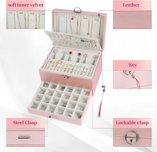 Miniatura 3 de BOOVO Joyero de pendientes para mujeres y niñas, organizador de joyas de 5 capas con candado, organizador de aretes, collar y anillos, caja