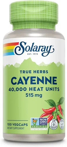 Solaray Cayenne 40,000 unidades de calor - Suplemento de cápsula de pimienta de cayena para mujeres y hombres, 515 mg por cápsula, suplementos de