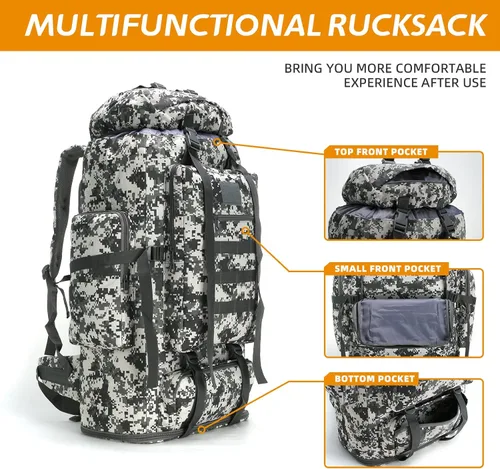 Miniatura 5 de Mochila de senderismo MOLLE de 70L/100L Mochila impermeable para viajar (camuflaje ciudad)