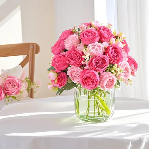 Miniatura 4 de ASTRYAS 4 piezas de peonías artificiales rosas de seda, flores de peonía de seda falsas, ramo de peonías artificiales de seda para centro de mesa