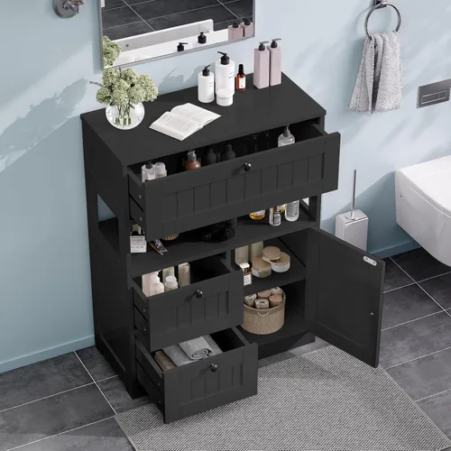 Miniatura 5 de GRUSIGN Armario de almacenamiento, moderno organizador de armario de almacenamiento de piso de baño con 1 puerta y 3 cajones, armario independiente