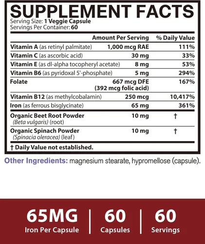 Miniatura 5 de Suplemento de hierro para mujeres y hombres, 65 mg de quelato de bisglicinato ferroso, hierro de liberación lenta con vitaminas A, C, E, B6, B12
