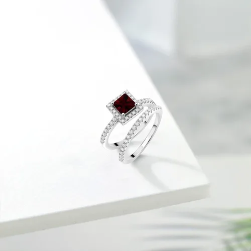 Miniatura 26 de 925 Sterling Silver Halo Bridal Ring Band Set for Women 5MM Princess Cut Gemstone Birthstone with Round White Moissanite Accents Wedding