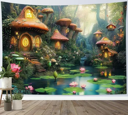 Miniatura 23 de HVEST Tapiz de bosque de cuento de hadas para colgar en la pared, estanque de lirios de agua, árboles mágicos, casas en el país de los sueños, tapiz